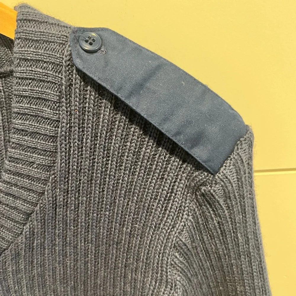 Citadel Sweater Mens 40 Blue Virgin Wool V-Neck Elbow Patch Ribbed Knit Military